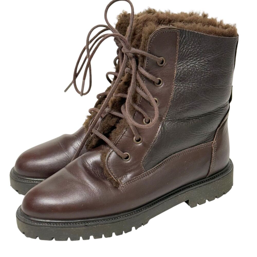 Santana Canada Leather Boot Brown 2 Tone Shearling Lined Lug Sole Lace Women 7